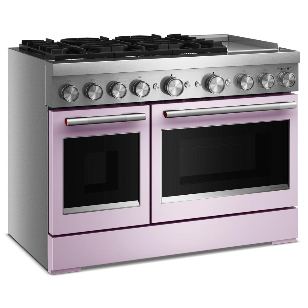 48-inch dual fuel range with six gas burners, electric griddle, and double ovens in a lavender finish