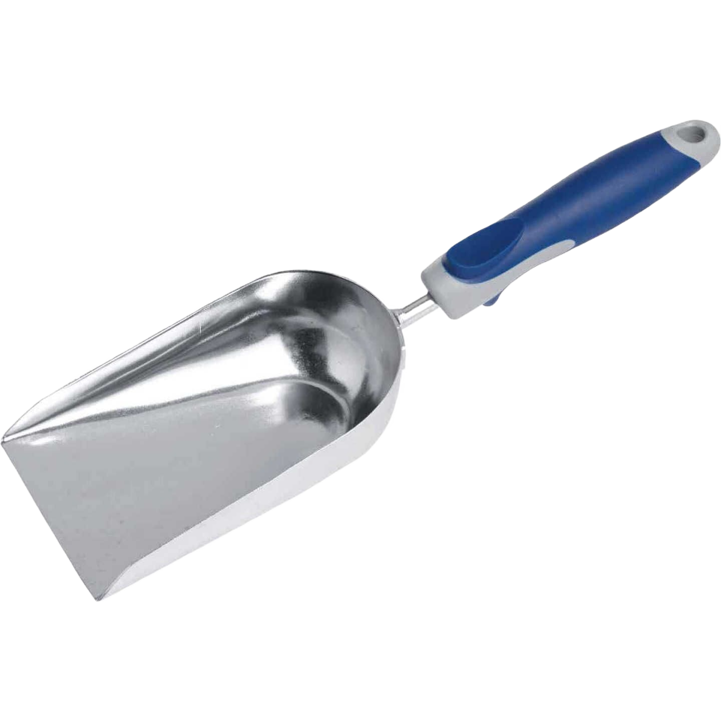 Hand scoop with polished metal scoop and blue poly handle for gardening and home improvement tasks