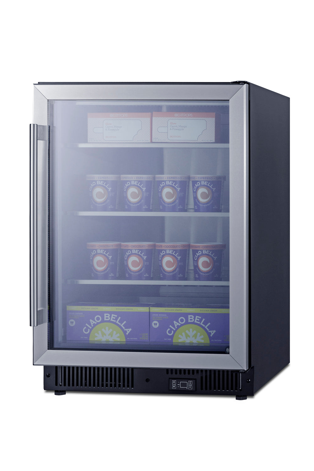 Under-counter commercial display freezer with glass door, adjustable shelving, and digital temperature control for kitchen use