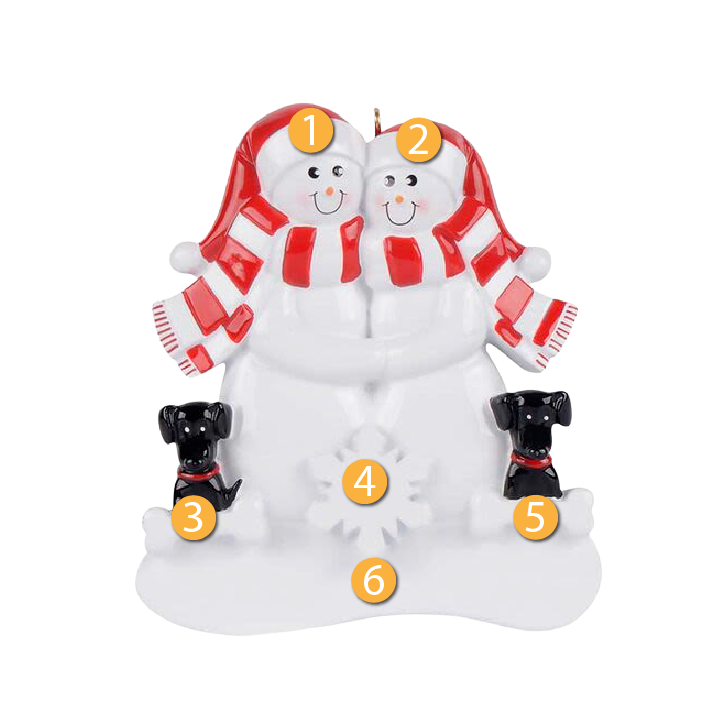 Snow couple figurine wearing red scarves hugging with two black dogs, festive Christmas ornament under $50