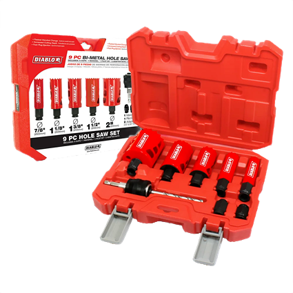 Red bi-metal hole saw set with nine pieces in a sturdy case for woodworking and hand tools under $100 collections.