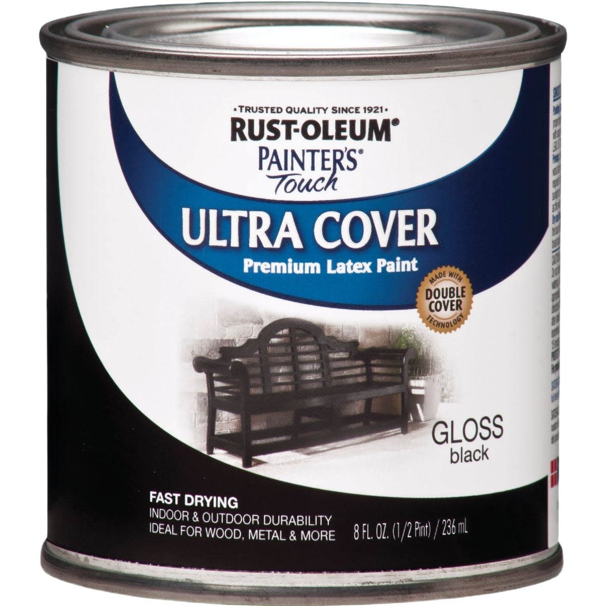 Can of Rust-Oleum gloss black premium latex paint for indoor and outdoor home improvement projects