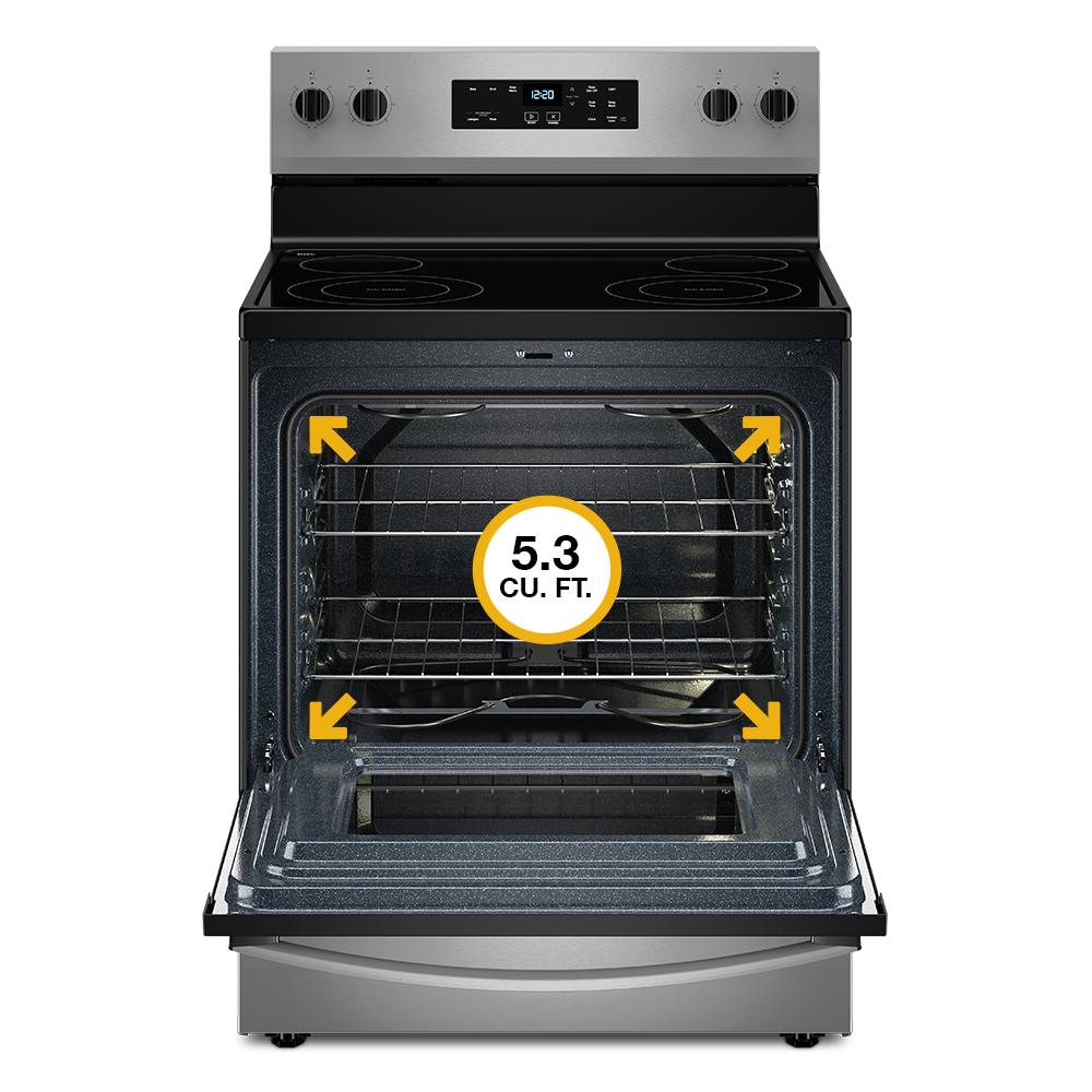 Open stainless steel electric range oven with 5.3 cu ft capacity and smooth cooktop in appliances category