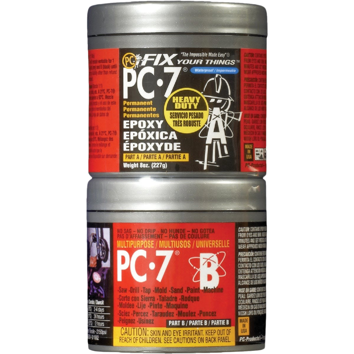 Two-part PC-7 heavy-duty epoxy paste containers for multipurpose use in sealing and repairs within epoxy and home improvement collections