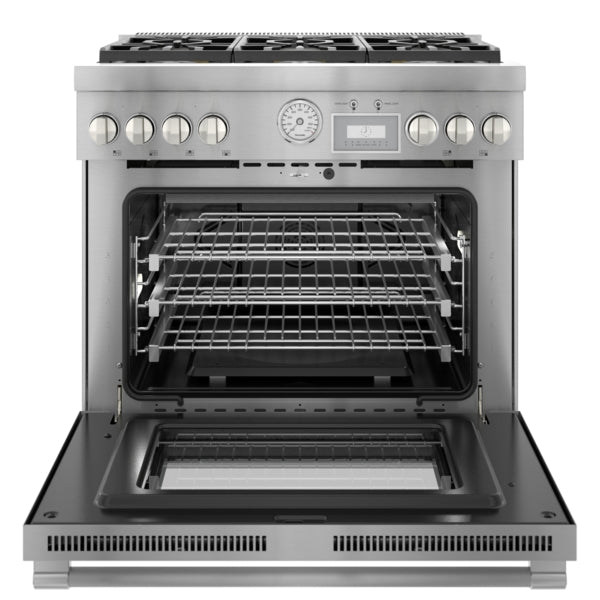 Open stainless steel dual fuel range with two racks and five silver control knobs from Kitchen & Kitchenware collection