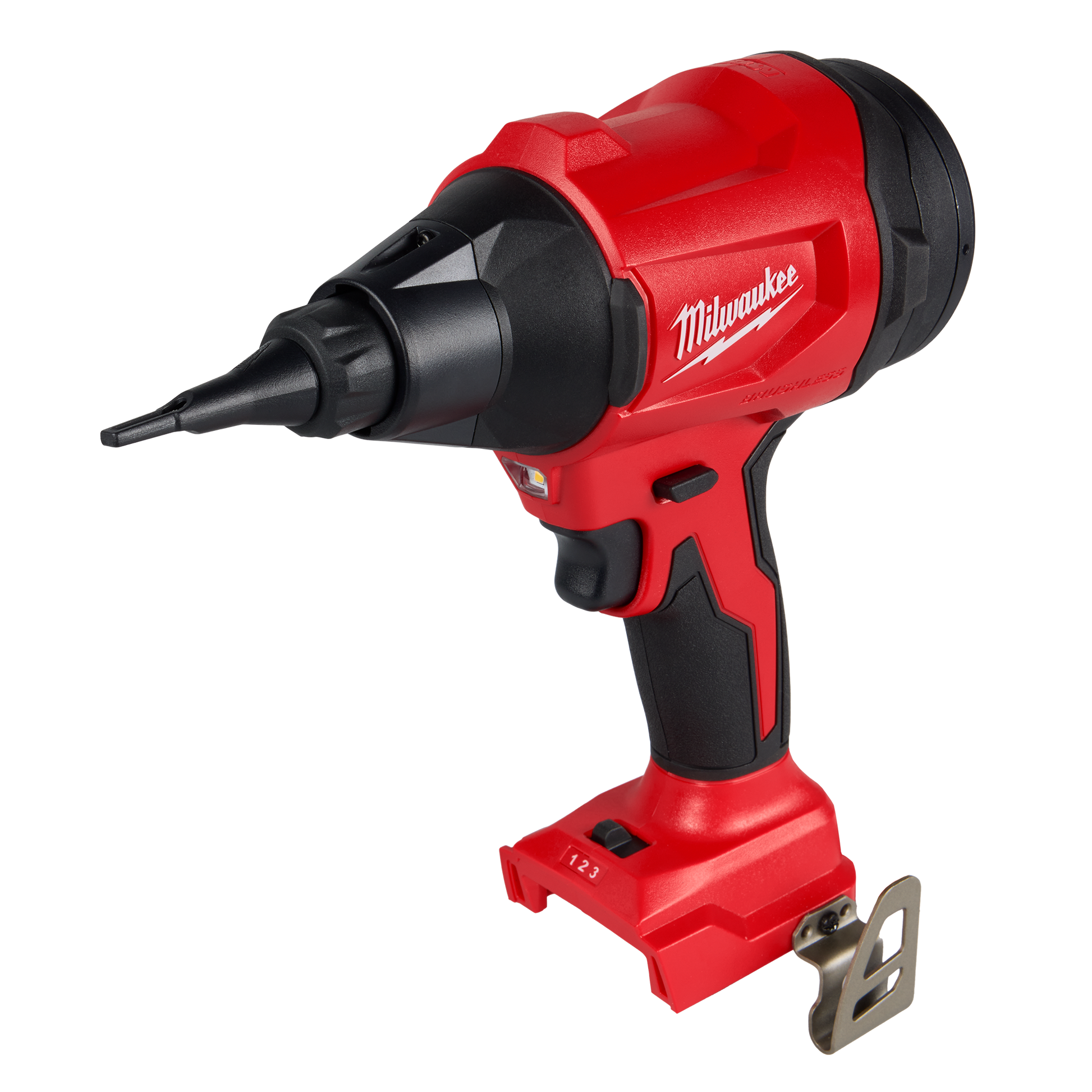 Red and black cordless precision blower with variable speed trigger and ergonomic grip, part of Milwaukee M18 power tools at Hartville Hardware for home improvement.