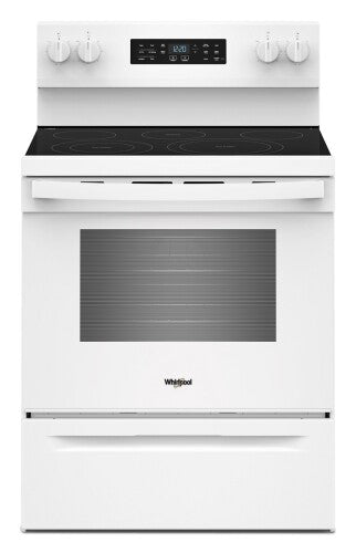 white 30-inch electric range with glass cooktop and digital control panel for kitchen appliances and home improvement