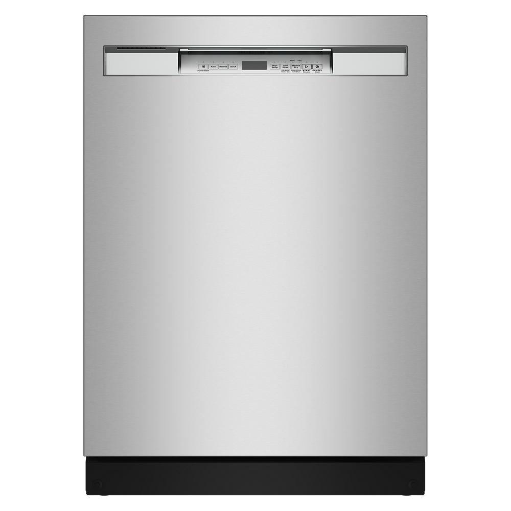 Stainless steel dishwasher with front control panel, PowerBlast cycle, and heated dry feature in appliances collection