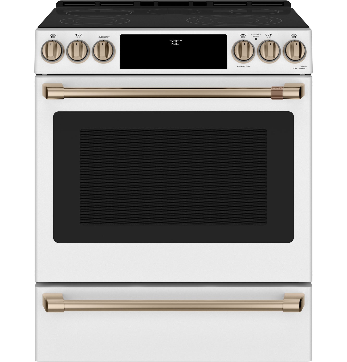 White slide-in range with front controls, radiant cooktop, convection oven, and stainless gold handles in kitchen appliances collection
