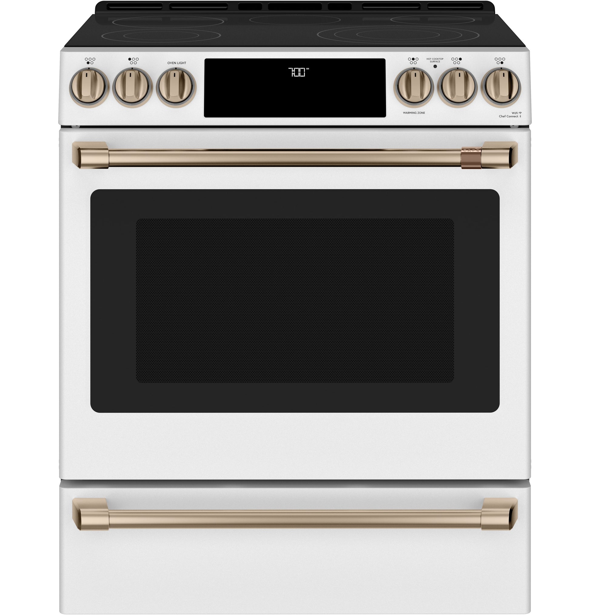 White slide-in range with front controls, radiant cooktop, convection oven, and stainless gold handles in kitchen appliances collection