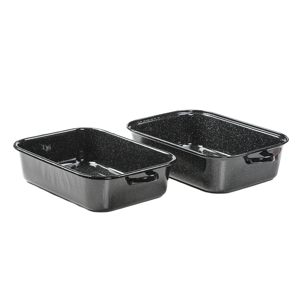 Two black speckled graniteware roasting pans with side handles, part of kitchenware and bakeware collections under $100