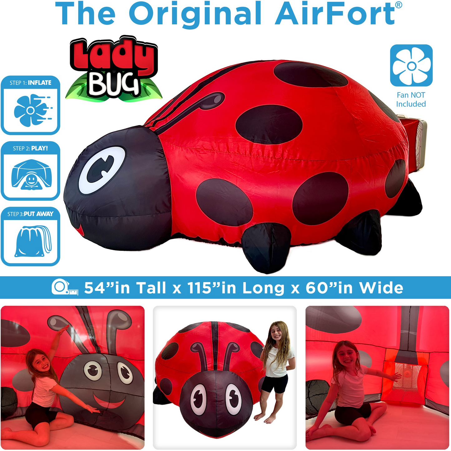 Large inflatable ladybug play tent with red and black spots shown with child playing inside and standing nearby