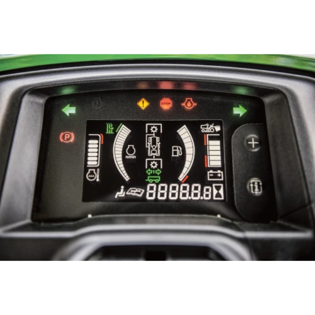 Close-up of digital control panel with warning icons and operational indicators on a lawn tractor dashboard