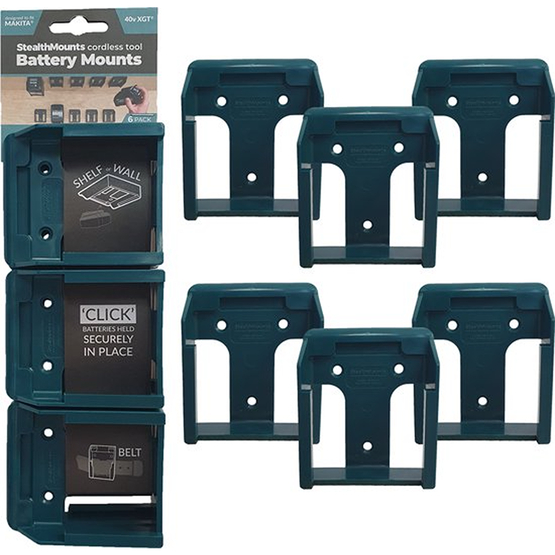 Blue plastic mounts designed for organizing and securely holding Makita 18V LXT batteries in workshop storage systems