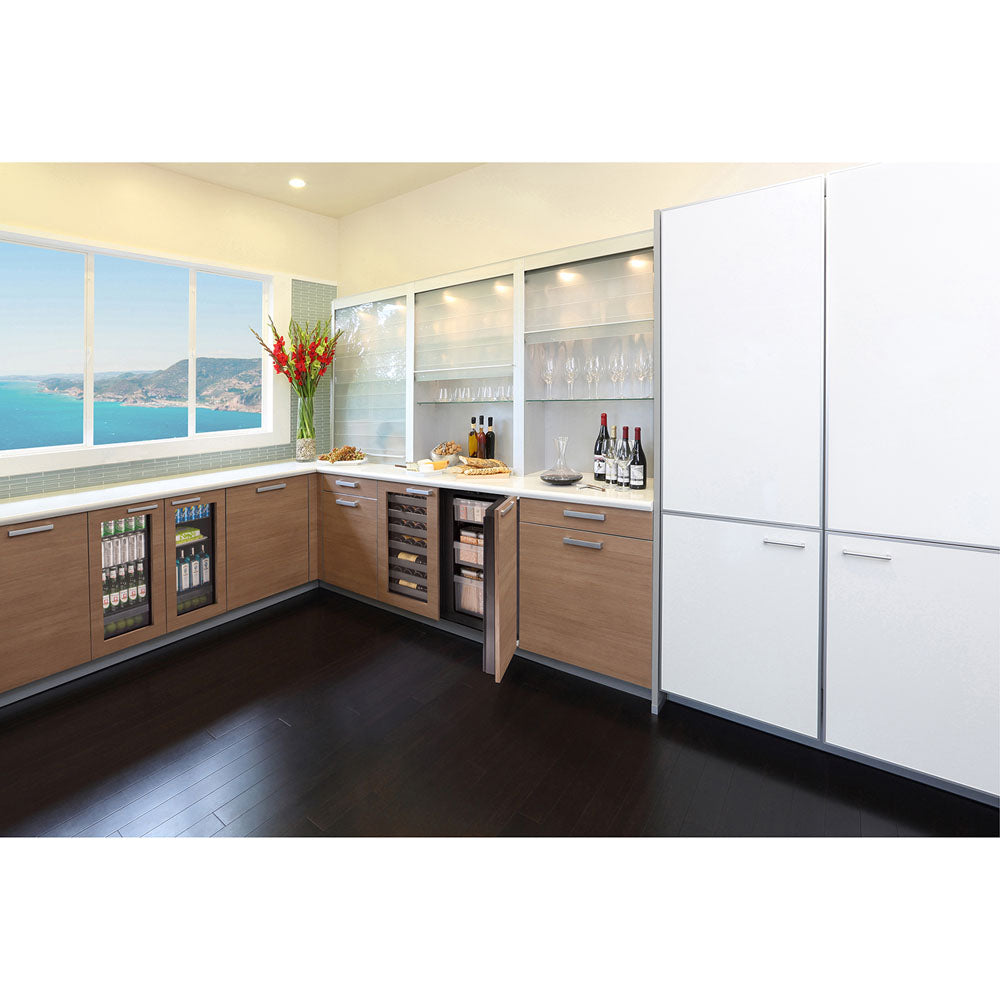 Modern kitchen with integrated refrigerators, wood cabinets, glass door beverage coolers, and ocean view window in appliances collection