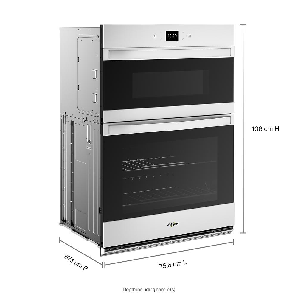 Stainless steel combo wall oven with digital clock, dual compartments, and glass windows from kitchen appliances collection