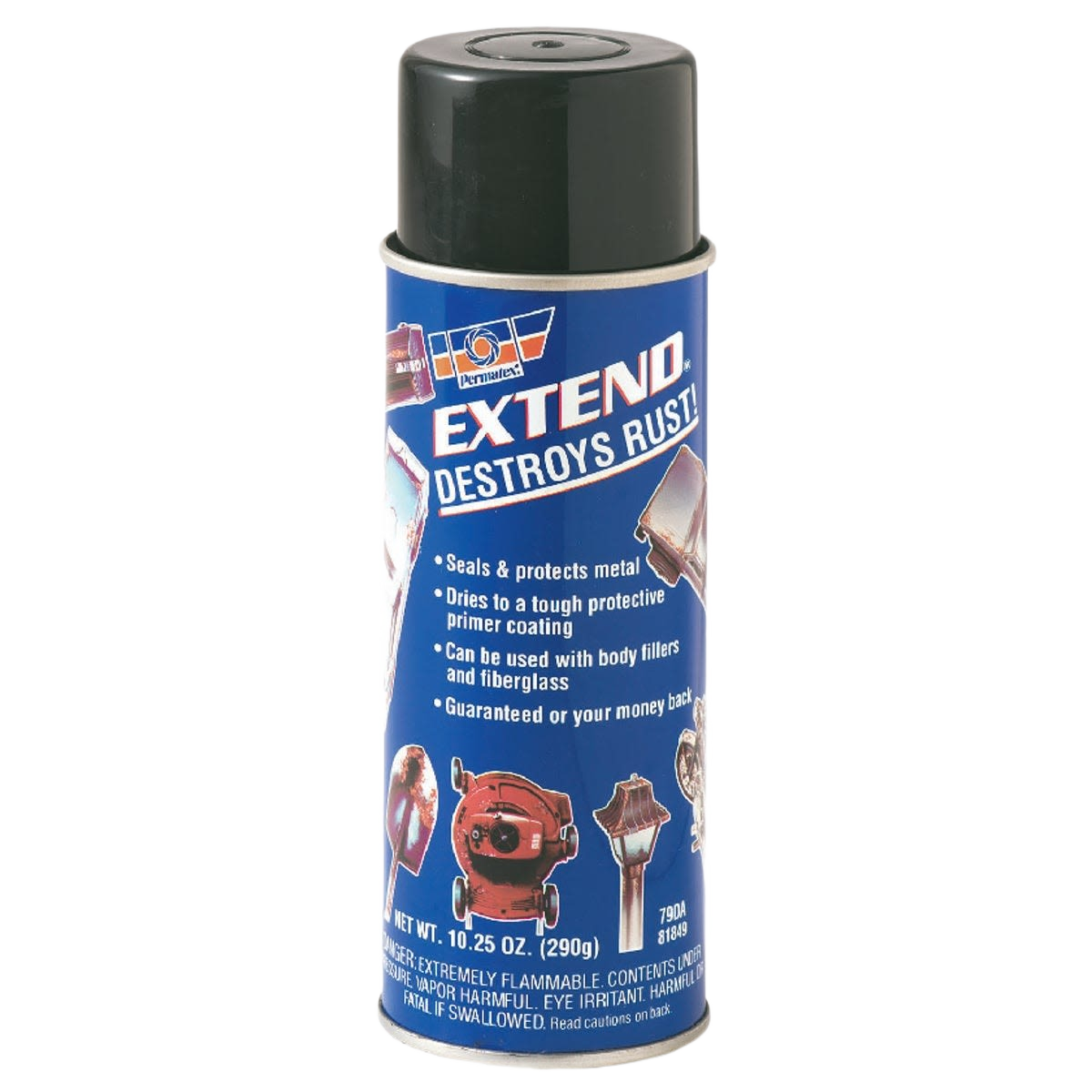 Blue aerosol spray can with dark cap labeled for rust treatment and metal protection in home improvement use