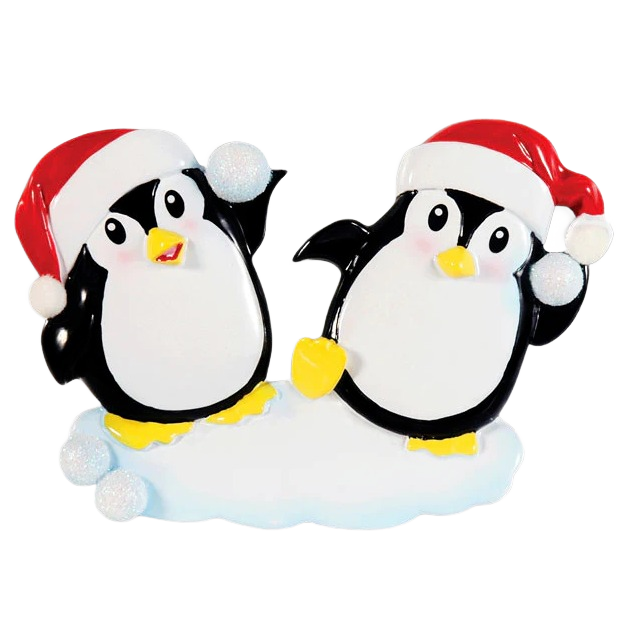 Cute penguin couple ornament wearing red Santa hats on snowy base for Christmas Ornaments & Tree Decorations under $50 collection