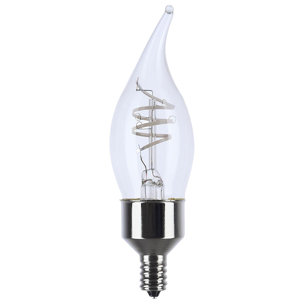 Clear candelabra base LED bulb with gray coil filament emitting warm white light for lighting and electrical use under $50 collections
