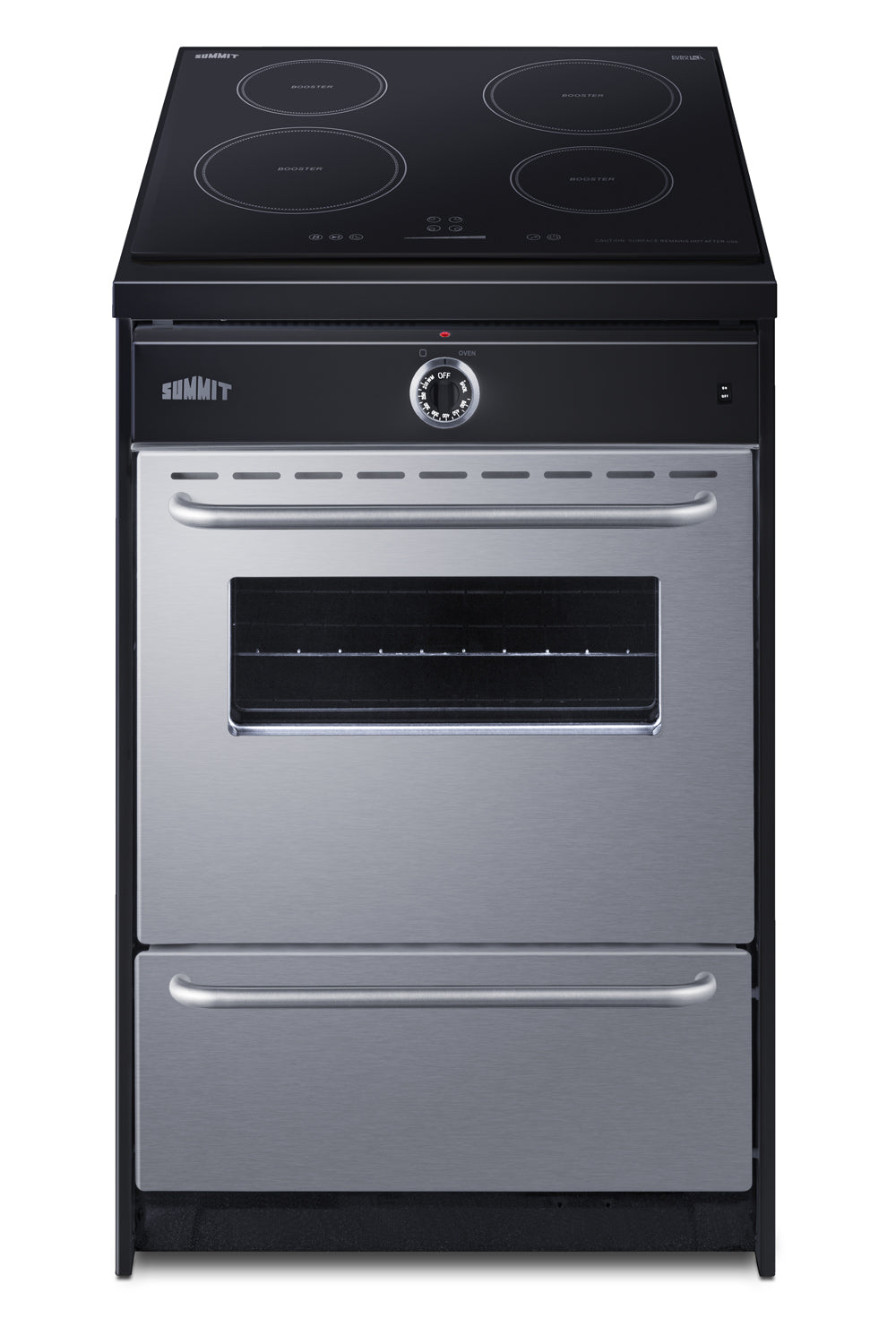 Compact stainless steel induction range with four burner cooktop and front oven for home improvement kitchens
