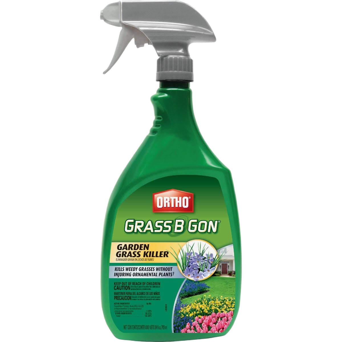 Green spray bottle of Ortho Grass B Gon garden grass killer with gray trigger, lawn and flower bed background