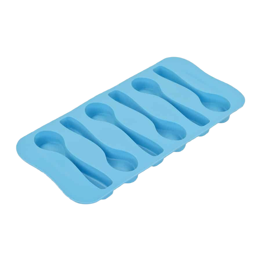 Light blue flexible silicone mold with six spoon-shaped cavities for kitchen utensils and cooking gadgets collections
