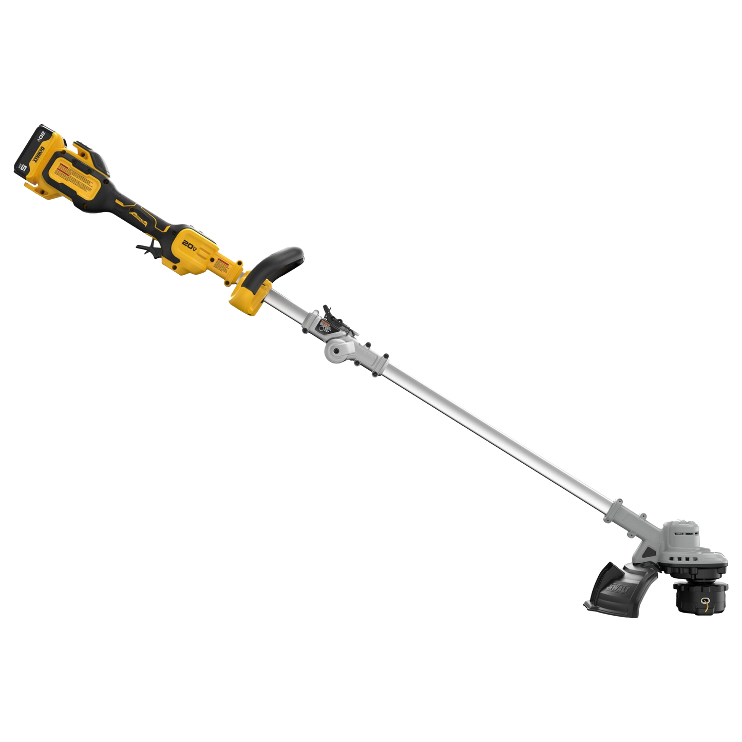 Yellow and black cordless foldable string trimmer with brushless motor and adjustable handle, part of outdoor power equipment for lawn and garden maintenance.