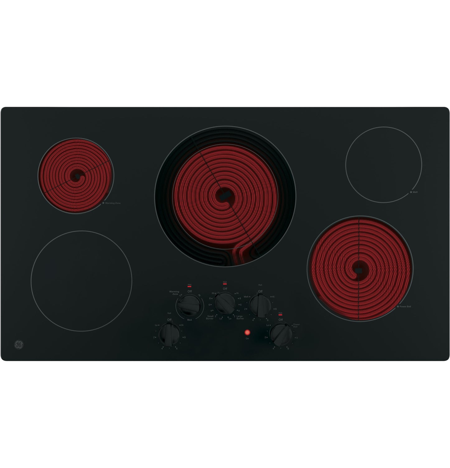 Black built-in electric cooktop with five heating elements and front knob controls for home kitchen appliances.