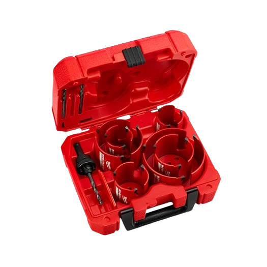 Red durable case containing multiple carbide-tooth hole saws and drill bit accessories for woodworking tools.