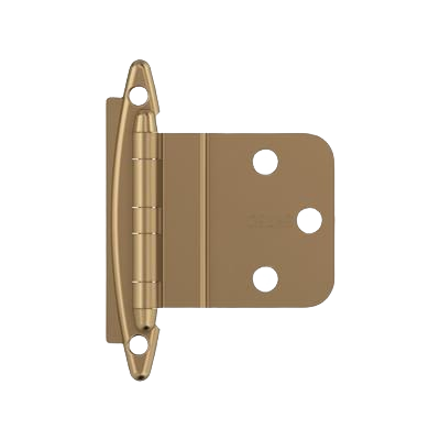 Champagne bronze inset cabinet hinge with three mounting holes for tools and home improvement projects