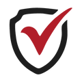 Shield outline in black containing a large red checkmark, representing safety and trust in home improvement and tools.