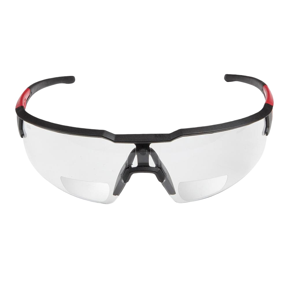 Clear protective eyewear with black frame and red accents, featuring 3.0 magnification for safety and home improvement use
