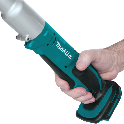 Hand gripping Makita cordless angle impact driver with teal and black ergonomic handle for tools and home improvement tasks