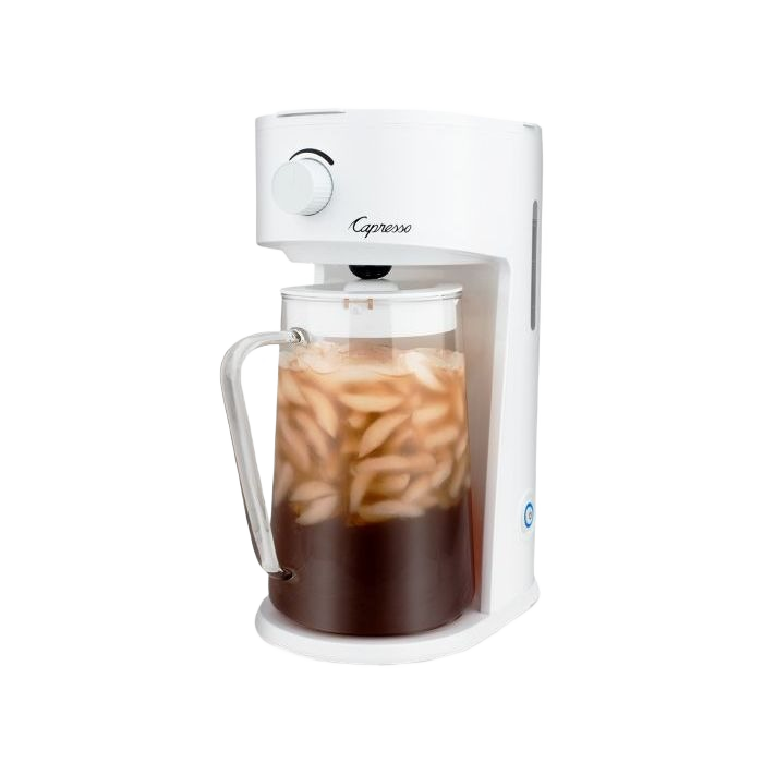 White Capresso iced tea maker with clear 80 oz. pitcher filled with iced tea and ice cubes for beverage preparation