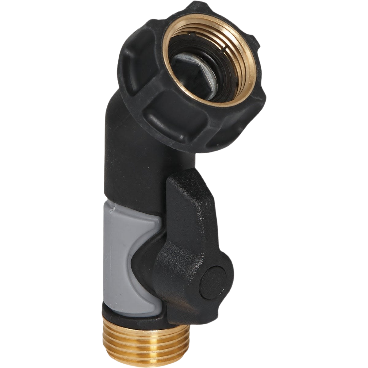 Black and brass goose-neck hose shutoff valve for watering and irrigation in lawn and garden tools collection