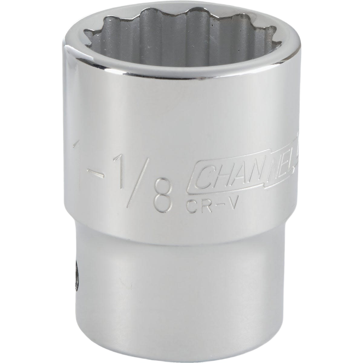 Shiny chrome-plated 12-point shallow socket with 3/4 inch drive for tools and home improvement tasks