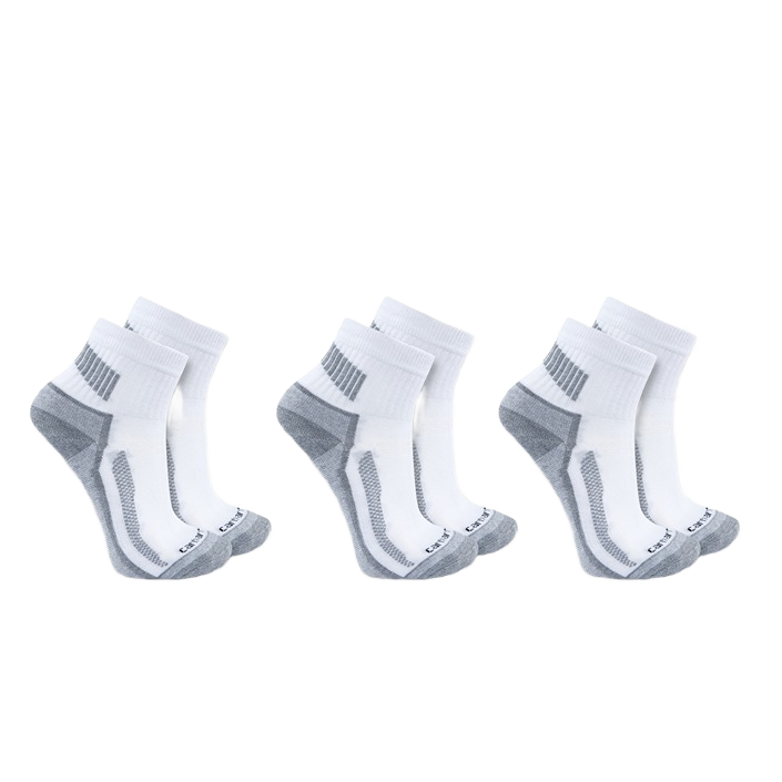 Three pairs of white midweight quarter socks with gray reinforced heels and toes, featuring durable Carhartt Force technology for men's apparel collections.