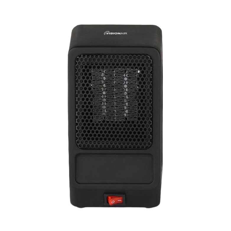 Compact black personal ceramic heater with mesh front and red power switch in Under $50 and All Products collections
