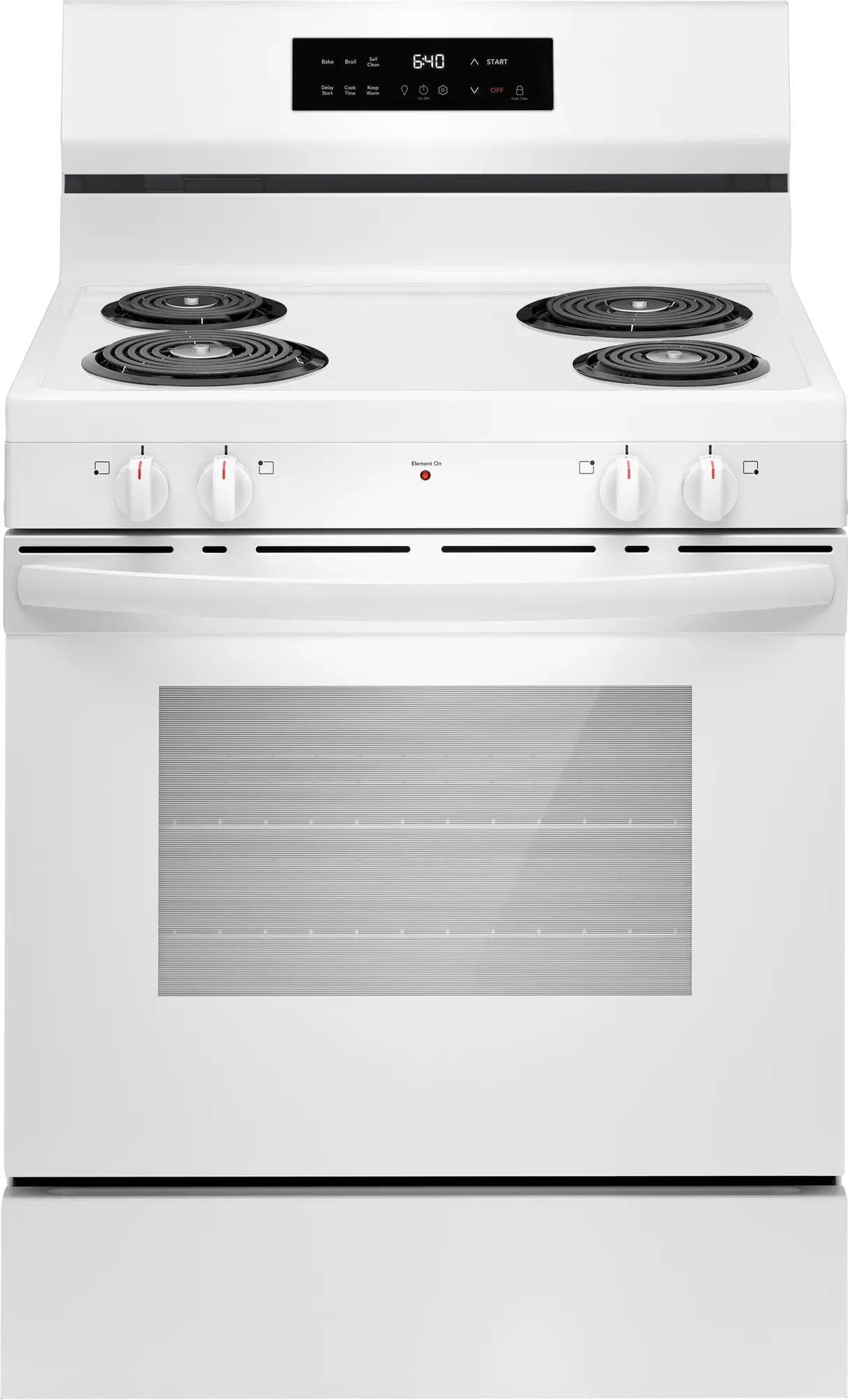 White electric range with coil burners and digital control panel for kitchen and home appliances collections