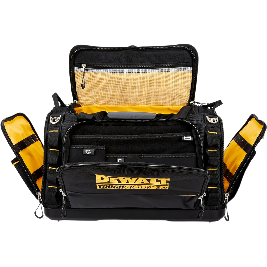 Black and yellow vertical tool bag with multiple compartments for jobsite storage and home improvement organization