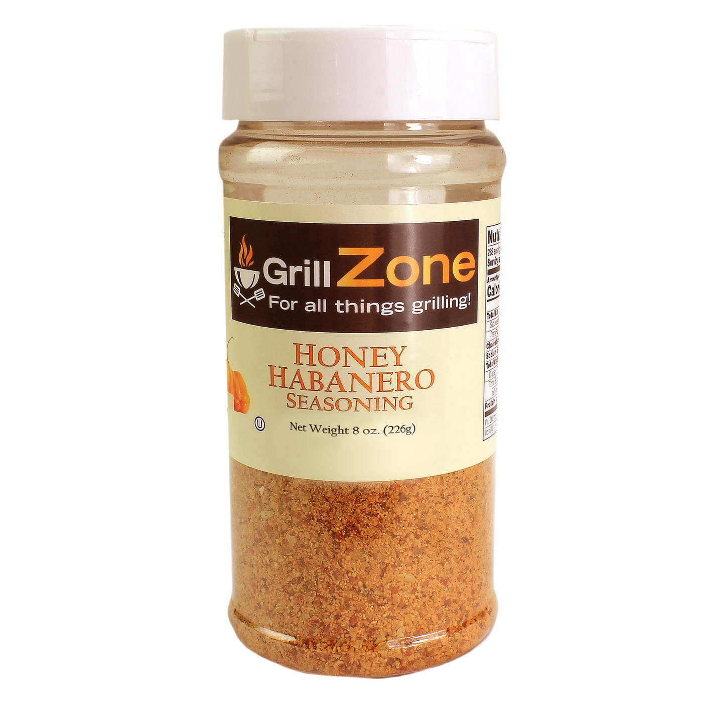 Clear plastic jar of Grill Zone honey habanero seasoning with black and orange label in grilling spices collection under $50