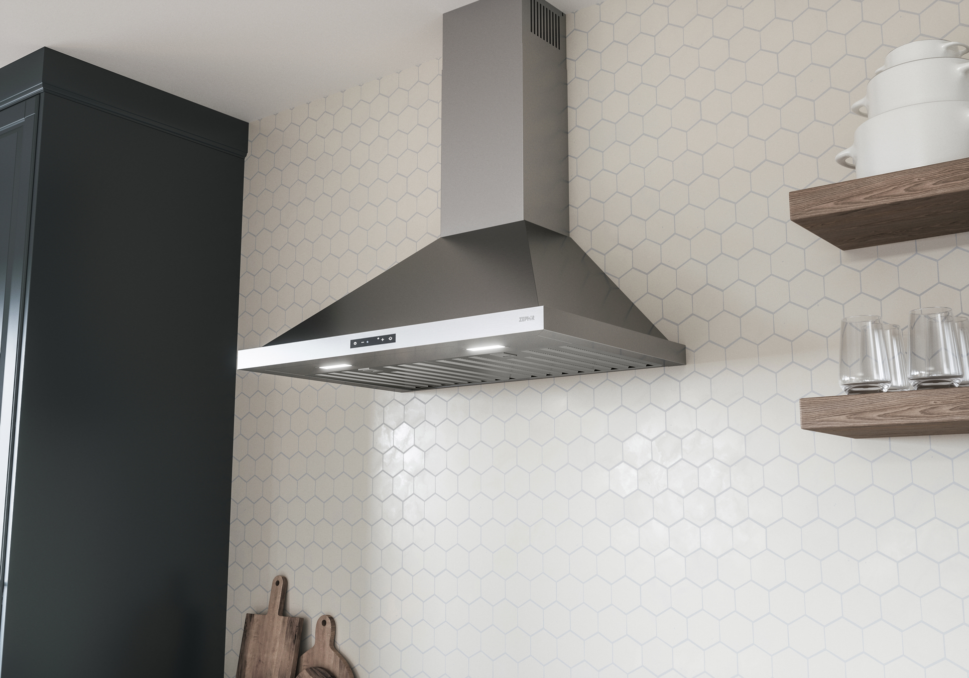 Wall mounted stainless steel range hood with LED lights installed above stove in modern kitchen setting