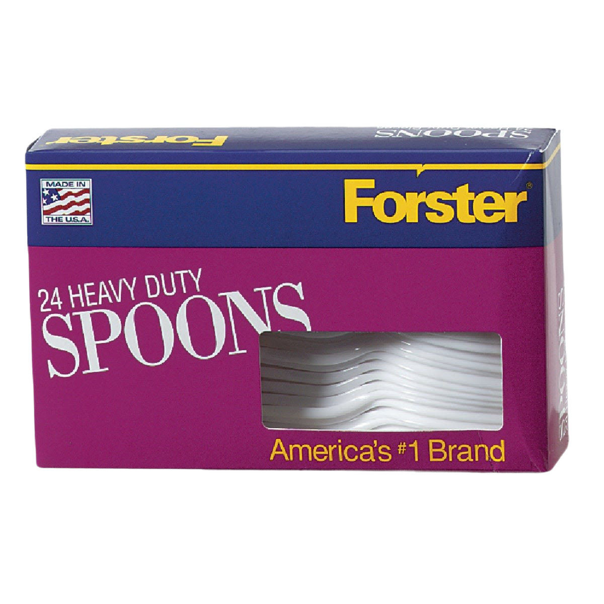Box of 24 heavy-duty disposable plastic spoons for kitchenware and cutlery use, sturdy and durable design