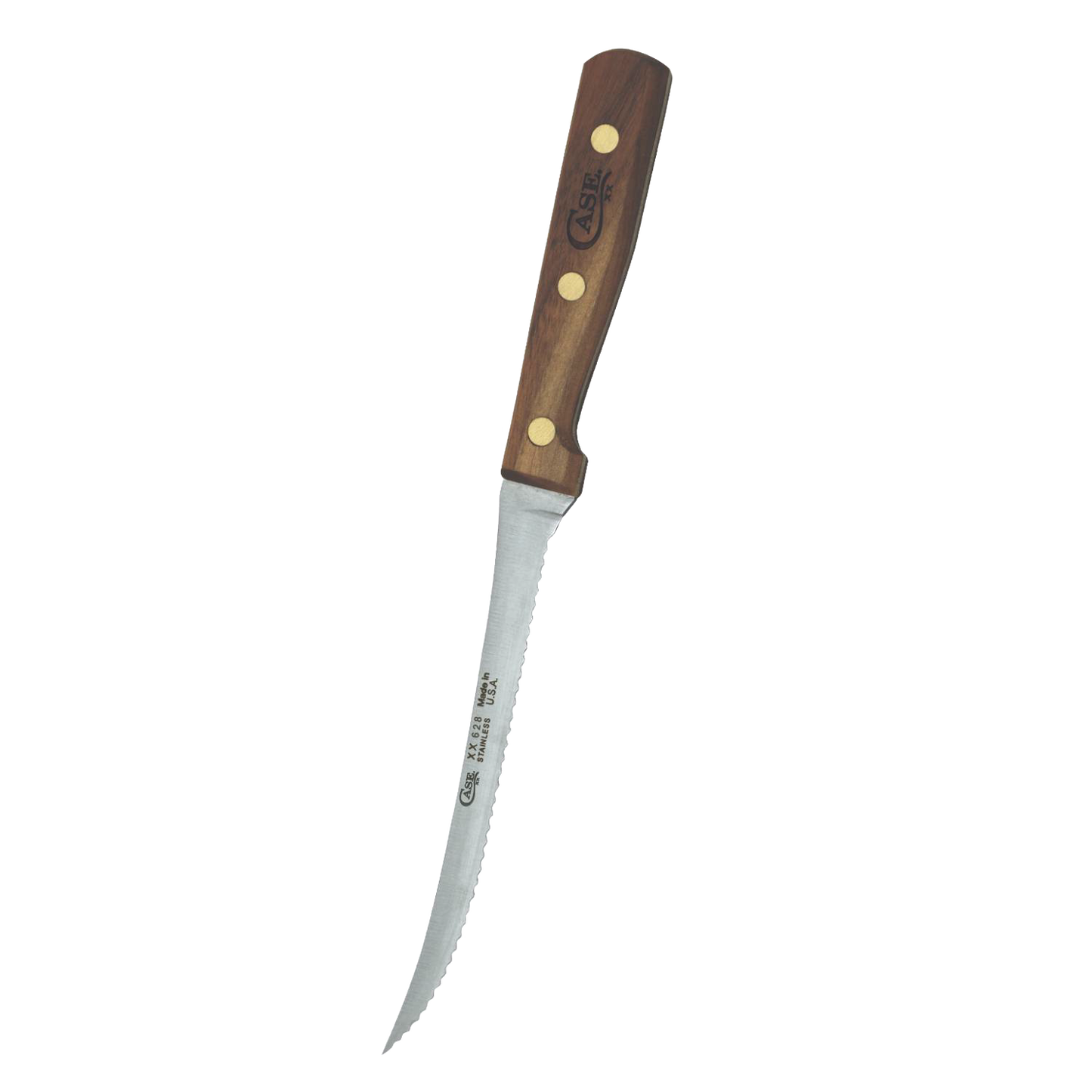 Kitchen knife with curved stainless steel blade and wooden handle featuring three rivets, part of kitchen utensils.