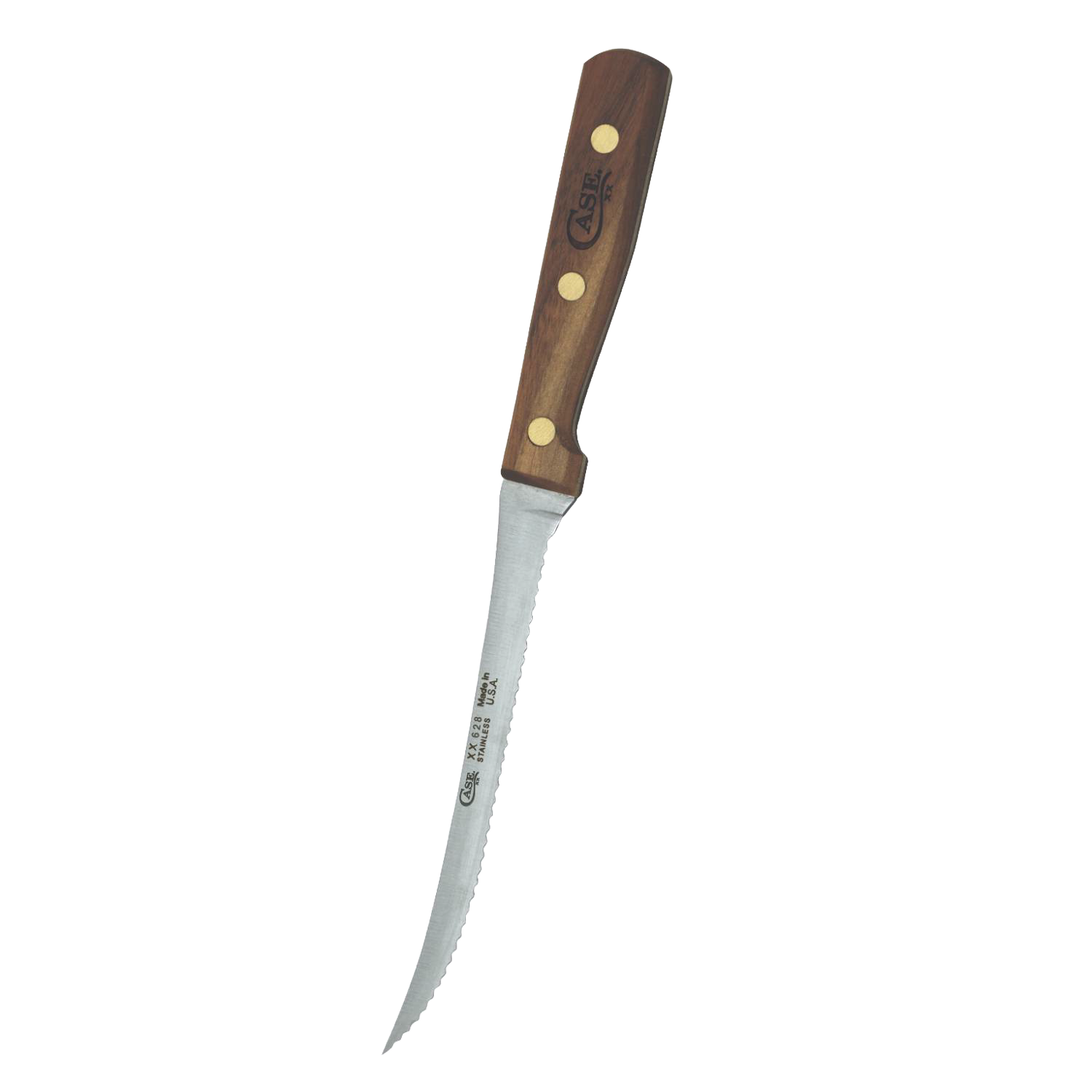 Kitchen knife with curved stainless steel blade and wooden handle featuring three rivets, part of kitchen utensils.