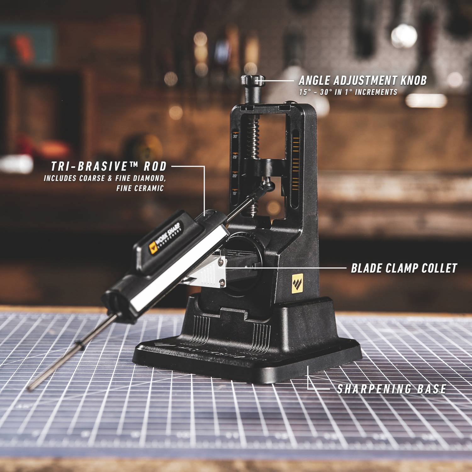 Compact knife sharpener with angle adjustment, tri-brasive rod, blade clamp, and stable sharpening base for kitchenware and woodworking tools
