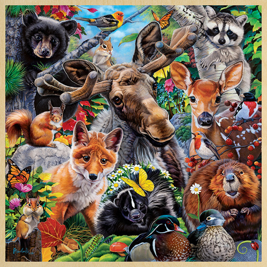 Vibrant woodland animal puzzle featuring moose, fox, raccoon, squirrel, beaver, and colorful birds in puzzles under $50 collection