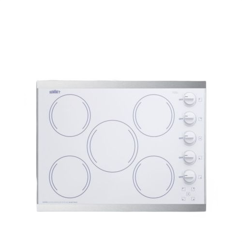 White smooth-top electric cooktop with five radiant burners and control knobs in kitchen appliances collection