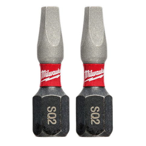 Two Milwaukee impact duty 1-inch SQ2 square bits with red band for tool accessories and home improvement