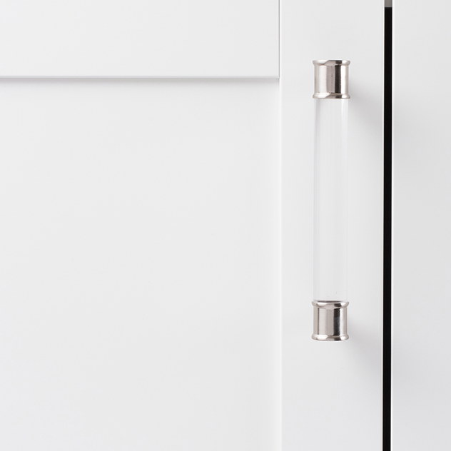 Midway cabinet pull with clear acrylic bar and satin nickel ends mounted on a white cabinet door for home improvement.